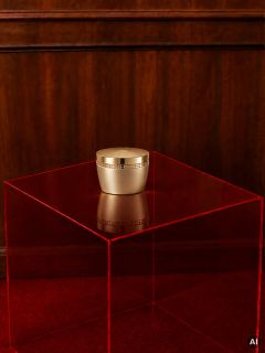 Eine goldene Schale mit geometrischem Muster steht auf einem durchsichtigen roten Sockel vor einer holzvertäfelten Wand und einem roten Teppichboden.