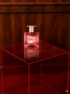 Auf einem durchscheinenden roten Würfeltisch vor einem mit Holz vertäfelten Hintergrund steht ein rosa Parfümflakon.