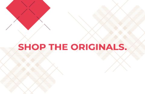 Auf weißem Hintergrund ist in roter Schrift der Text „SHOP THE ORIGINALS.“ zu lesen, umgeben von abstrakten roten und beigen geometrischen Formen und Linien.