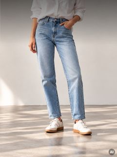 Eine Person, die ein weißes Hemd, hellblaue Jeans und weiße Turnschuhe trägt.