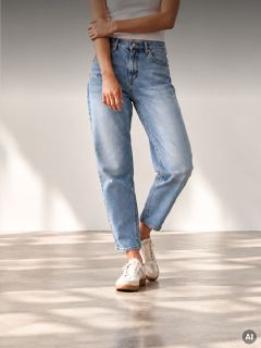 Eine Person, die hellblaue Jeans mit hoher Taille und weiße Sneaker trägt.