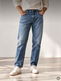 Eine Person, die einen cremefarbenen Pullover, blaue Jeans und weiße Turnschuhe trägt.
