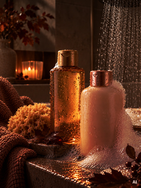 Zwei mit Seifenblasen bedeckte Flaschen mit Badezusätzen stehen auf einer Steinfläche unter einer laufenden Dusche, daneben liegen ein Naturschwamm und eine brennende Kerze.