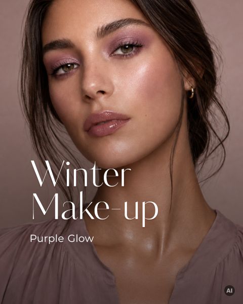 Eine Frau mit lila Lidschatten und glänzendem Lippenstift, dazu der Schriftzug „Winter-Make-up, lila Schimmer“.