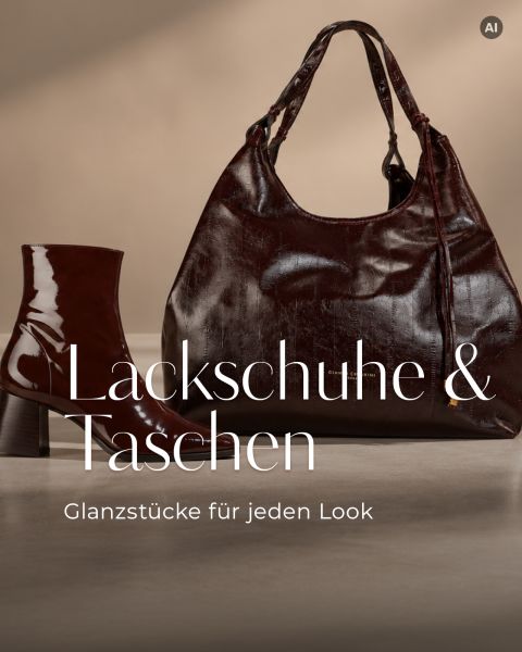 Dunkelrote Lackleder-Stiefeletten neben einer passenden Hobo-Tasche, mit dem deutschen Text „Lackschuhe & Taschen. Glanzstücke für jeden Look.“