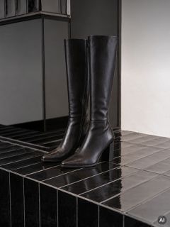 Ein Paar schwarze, kniehohe Lederstiefel mit Blockabsatz.