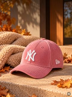 Eine rosa Baseballkappe der New York Yankees aus Cord, die auf einer Steinstufe mit Herbstblättern liegt.