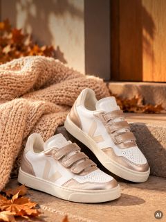 Zwei weiße und roségoldene Metallic-Sneaker mit drei Klettverschlüssen, die auf einer Steintreppe neben einer gestrickten Decke und Herbstblättern liegen.
