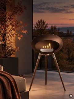 Ein Bioethanol-Kamin der Marke „Le Feu“ auf einem Dreifuß mit brennender Flamme, aufgestellt auf einem Balkon bei Sonnenuntergang.