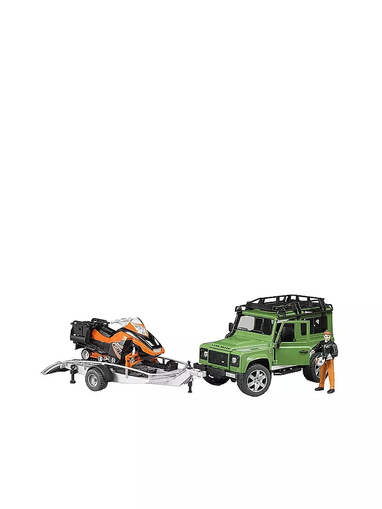 BRUDER | Land Rover Defender Station Wagon mit Anhänger, Snowmobil, Fahrer und Zubehör | transparent