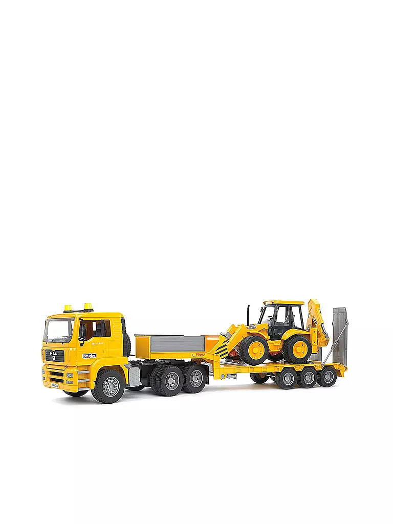 BRUDER | MAN TGA Tieflader mit JCB 4CX Baggerlader 02776 | transparent