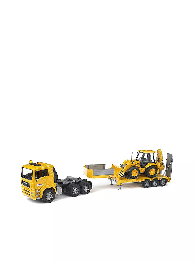 BRUDER | MAN TGA Tieflader mit JCB 4CX Baggerlader 02776 | transparent