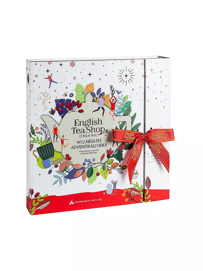 ENGLISH TEA SHOP | Teebuch Adventskalender 2022 mit Schleife "Wellness", 25 Boxen mit BIO-Tees in hochwertigen Pyramiden-Teebeuteln | weiss