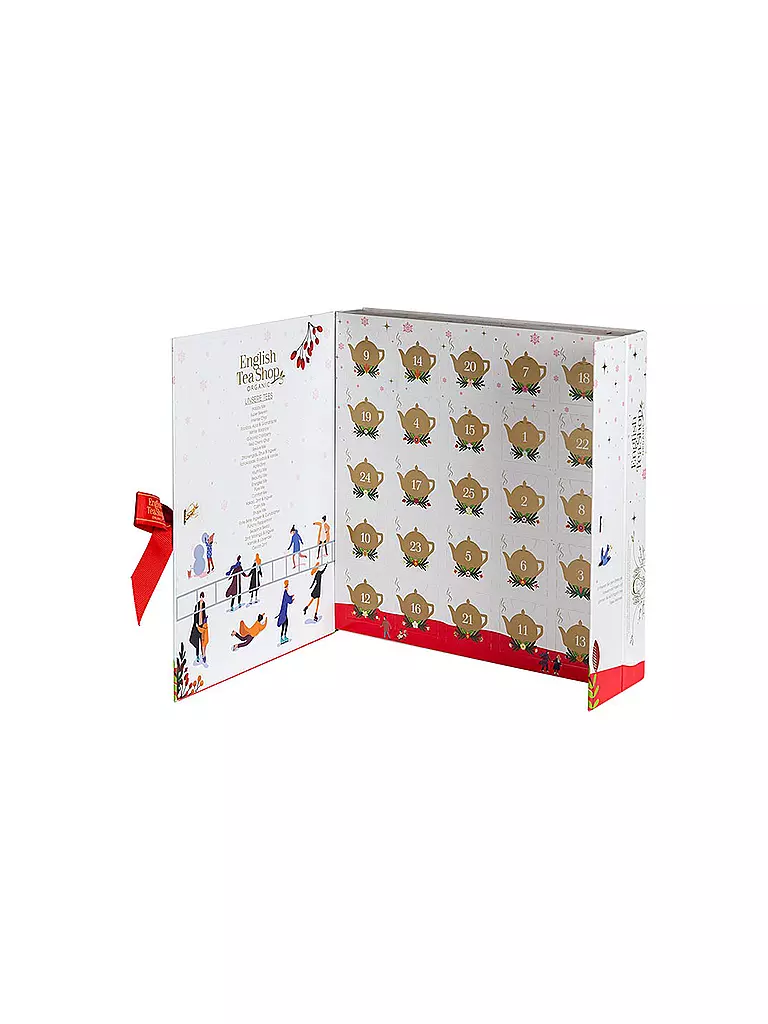 ENGLISH TEA SHOP | Teebuch Adventskalender 2022 mit Schleife "Wellness", 25 Boxen mit BIO-Tees in hochwertigen Pyramiden-Teebeuteln | weiss