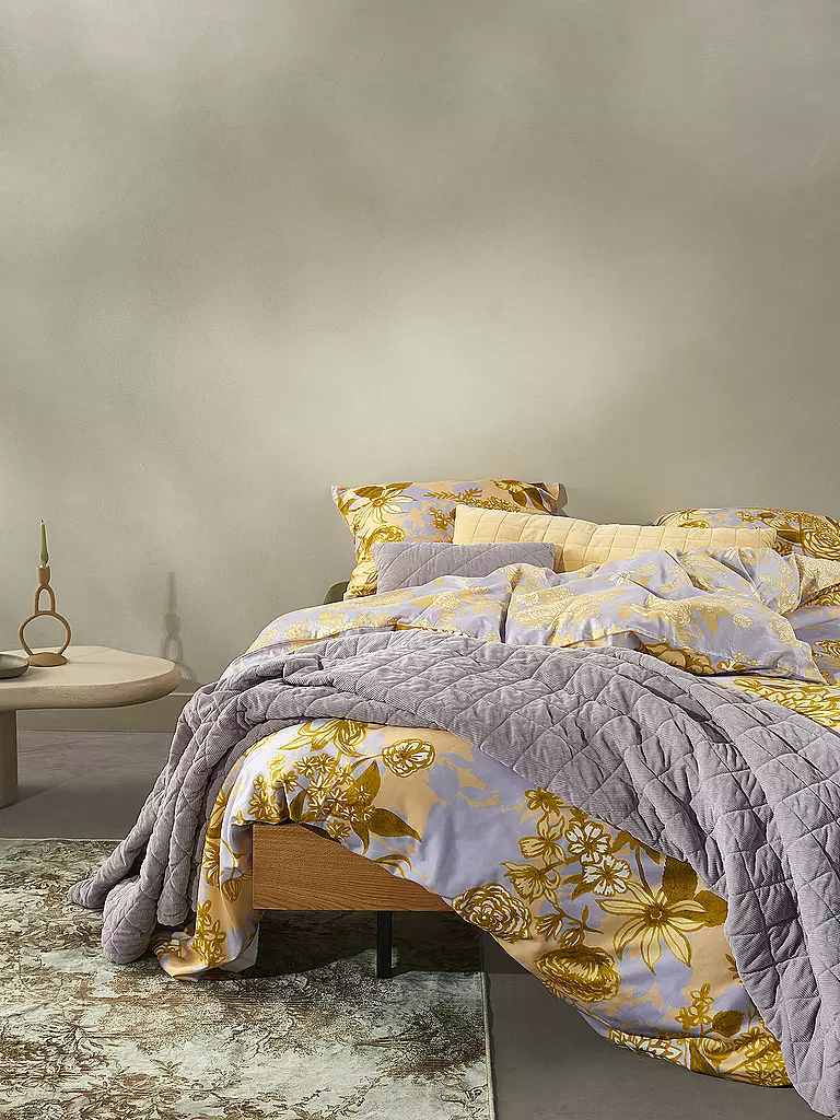 ESSENZA | Satin Bettwäsche FLORE 70x90cm/140x200cm Yellow Straw | dunkelblau