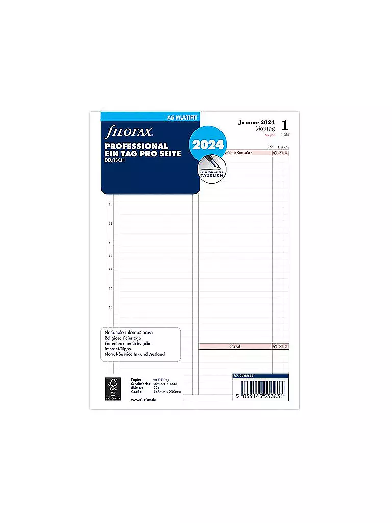 FILOFAX | 1 Tag / 1 Seite Professional deutsch A5 2024 | keine Farbe