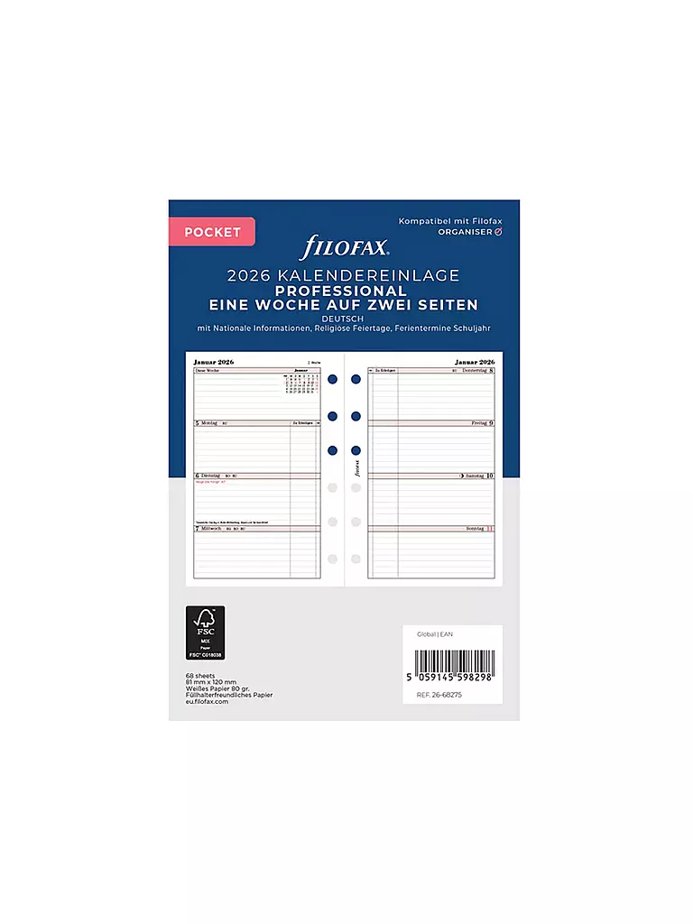 FILOFAX | Kalendereinlage Professional Pocket Woche Deutsch 2026 | weiss