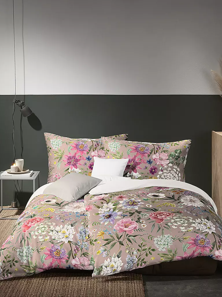 FLEURESSE | Satin Bettwäsche FLOWER ART 70x90cm/140x200cm English Rose / Blumen | beige