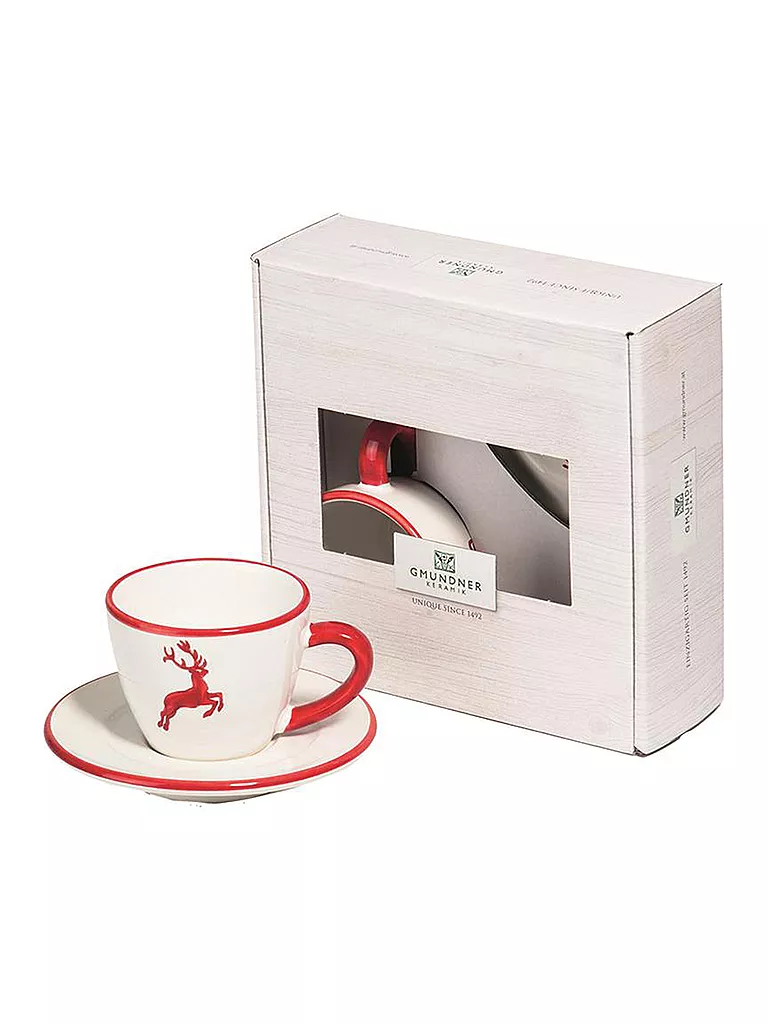 GMUNDNER KERAMIK | Tasse und Untertasse - Espresso for you Gourmet - 2-tlg "Rubinroter Hirsch" | rot