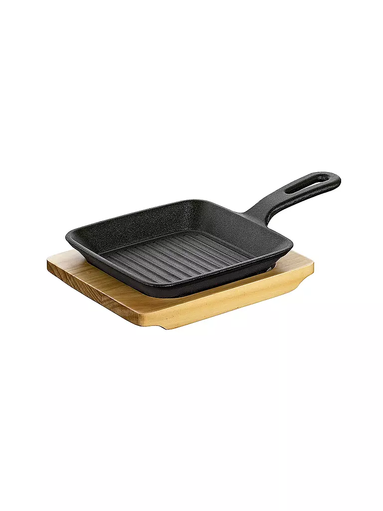 KÜCHENPROFI | Grill-/Servierpfanne mit Holzbrett 23x13,5cm | schwarz