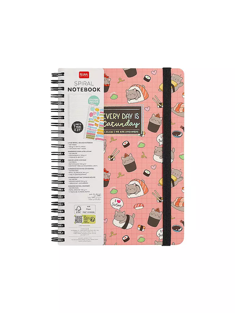 LEGAMI | Liniertes Notizbuch -Large - Spiralbindung - A5-Format SUSHI CAT  | keine Farbe