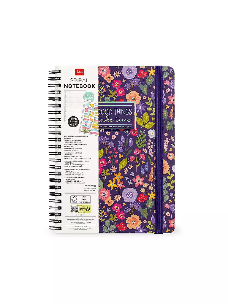 LEGAMI | Liniertes Notizbuch -Maxi - Spiralbindung - A4-Format FLOWERS | keine Farbe