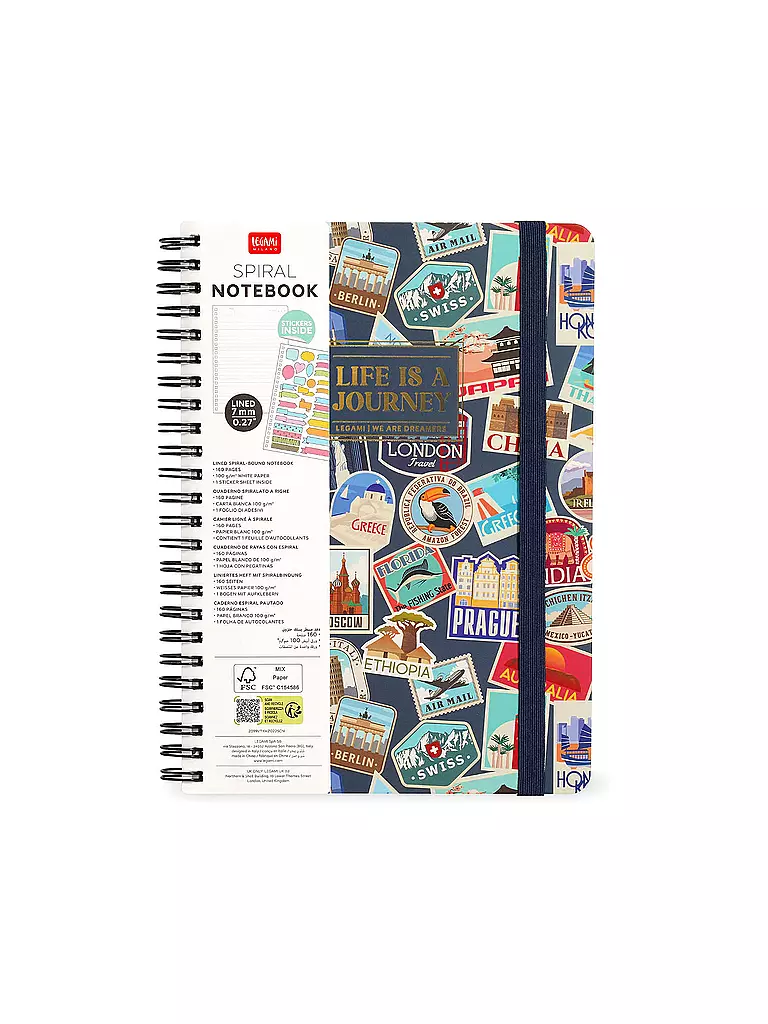 LEGAMI | Liniertes Notizbuch -Maxi - Spiralbindung - A4-Format TRAVEL STICKERS | keine Farbe