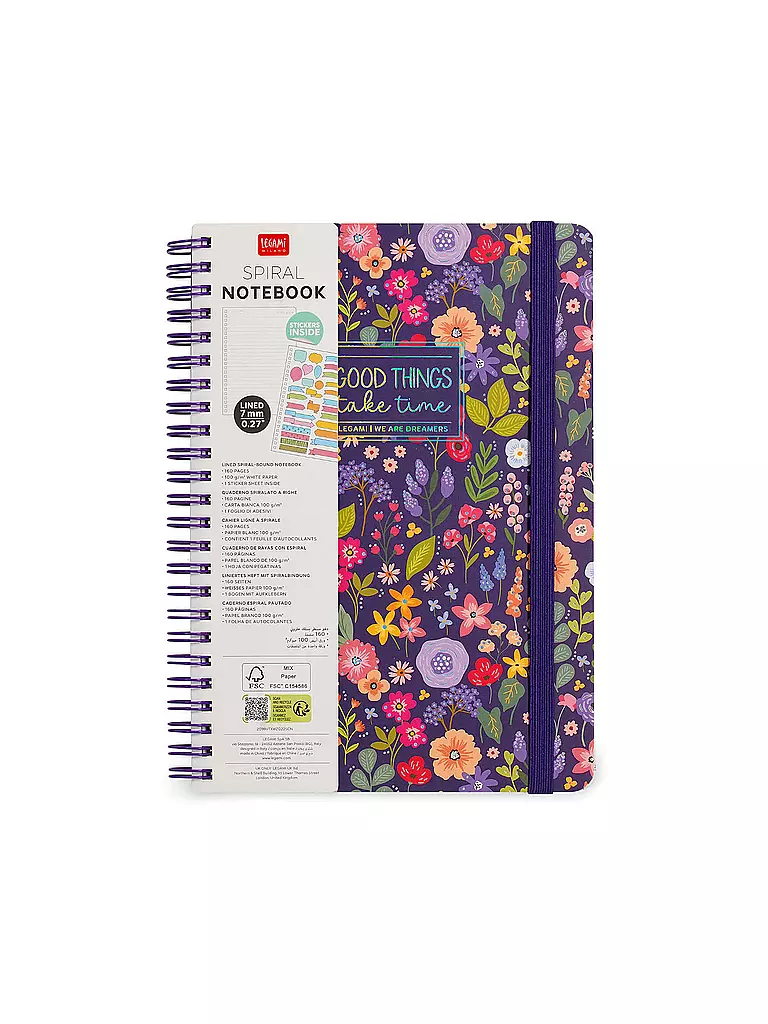 LEGAMI | Liniertes Spiralnotizbuch - A5 Blatt - Groß FLOWERS | keine Farbe