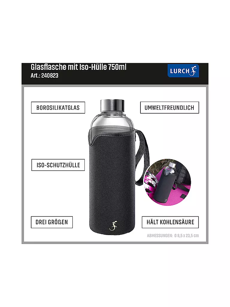 LURCH | Glasflasche mit Iso-Hülle 0,75l schwarz | transparent