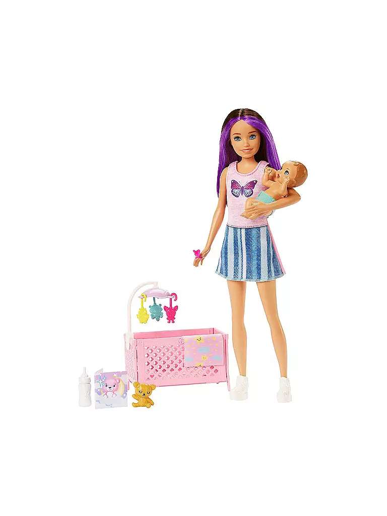 MATTEL | Barbie Skipper Babysitters Inc. Puppe mit Gitterbett, Baby & Zubehör Spielset (lila Strähnen) | keine Farbe