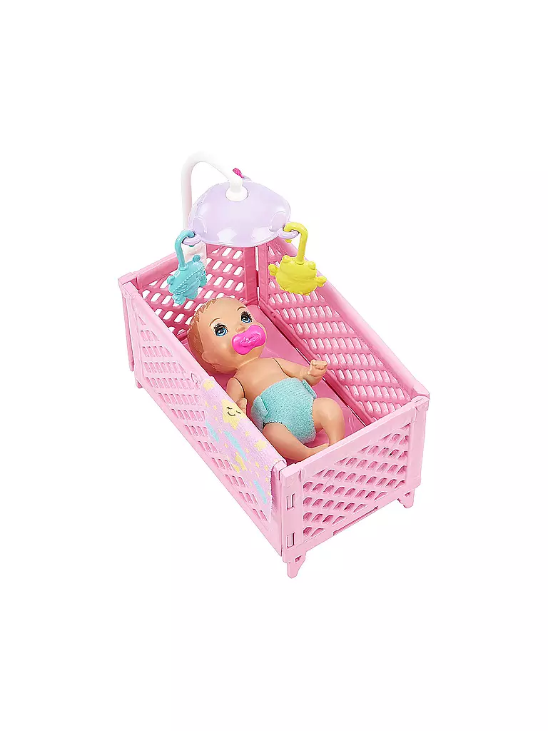 MATTEL | Barbie Skipper Babysitters Inc. Puppe mit Gitterbett, Baby & Zubehör Spielset (lila Strähnen) | keine Farbe