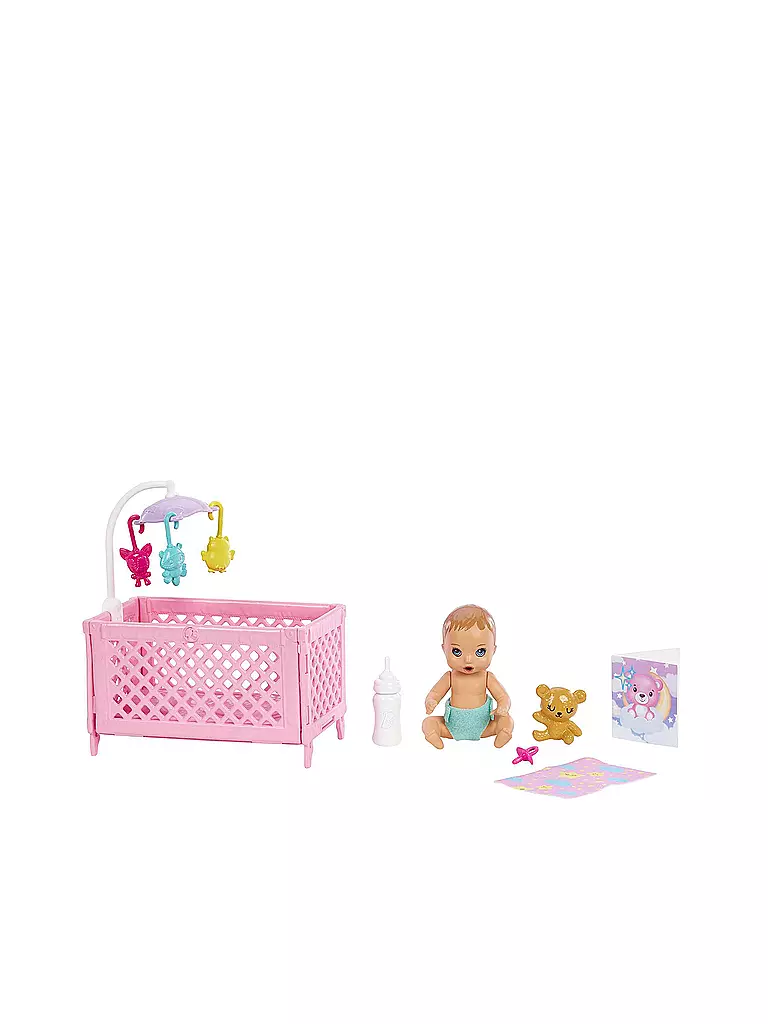 MATTEL | Barbie Skipper Babysitters Inc. Puppe mit Gitterbett, Baby & Zubehör Spielset (lila Strähnen) | keine Farbe