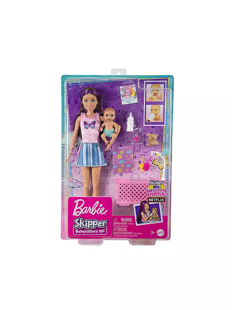 MATTEL | Barbie Skipper Babysitters Inc. Puppe mit Gitterbett, Baby & Zubehör Spielset (lila Strähnen) | keine Farbe