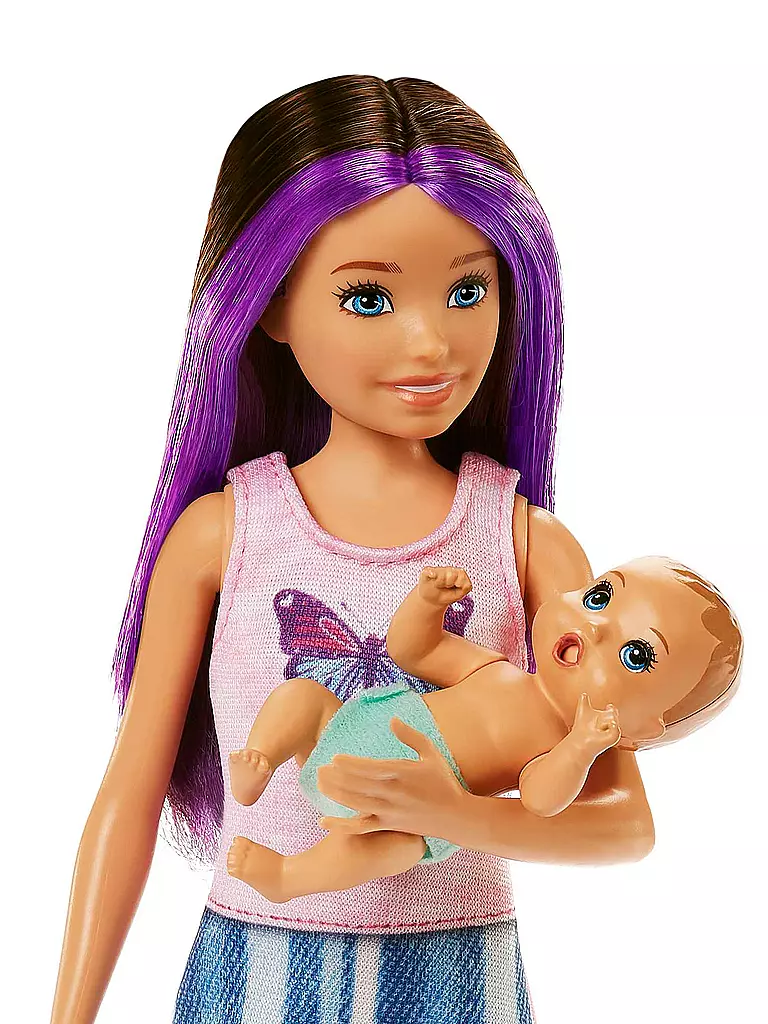 MATTEL | Barbie Skipper Babysitters Inc. Puppe mit Gitterbett, Baby & Zubehör Spielset (lila Strähnen) | keine Farbe
