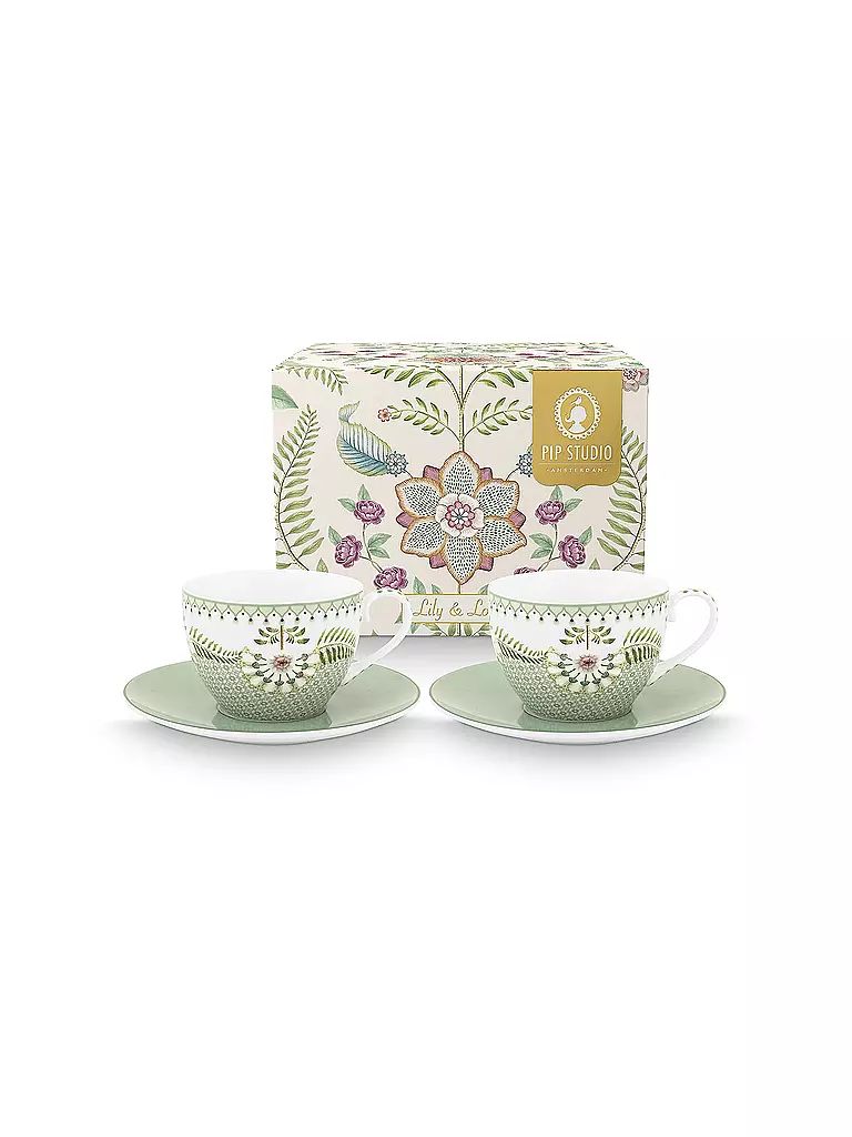 PIP STUDIO | Cappuccino Tassen mit Untertassen 2er Set  LILY & LOTUS 280ml Light Green | hellgrün