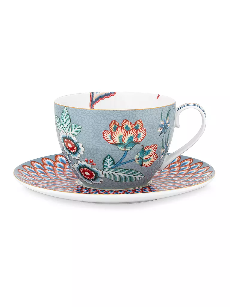 PIP STUDIO | Cappuccinotasse mit Untertasse 280ml FLOWER FESTIVAL Light Blue | hellblau