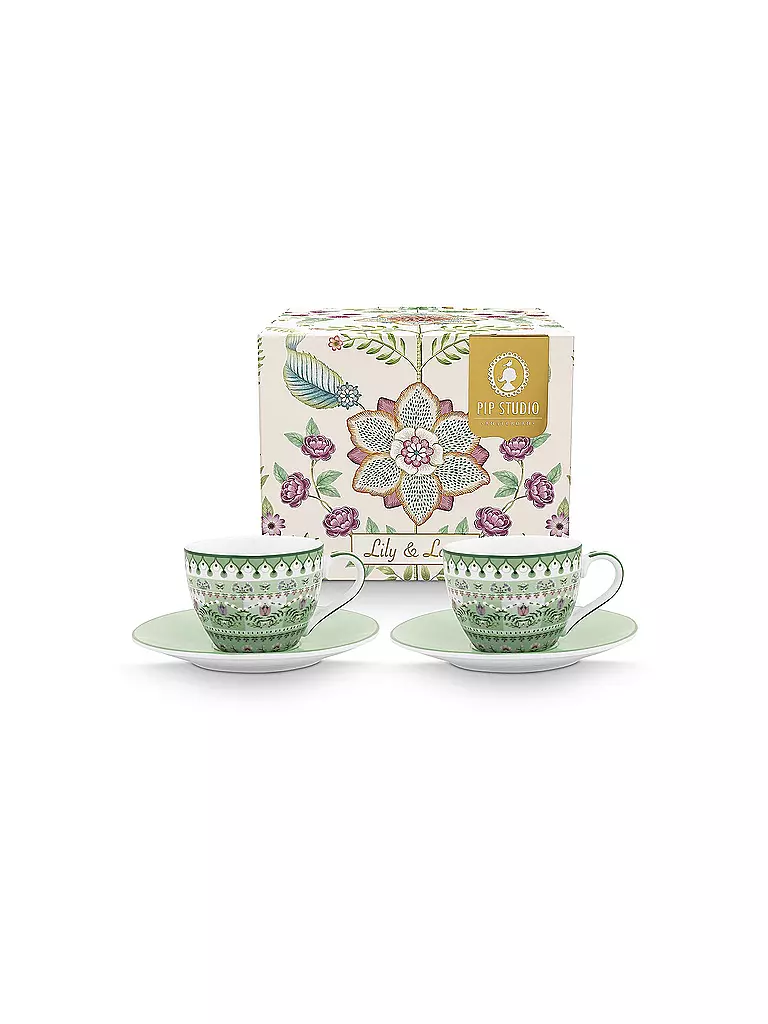 PIP STUDIO | Espresso Tassen mit Untertassen 2er Set  LILY & LOTUS 120ml Light Green  | hellgrün
