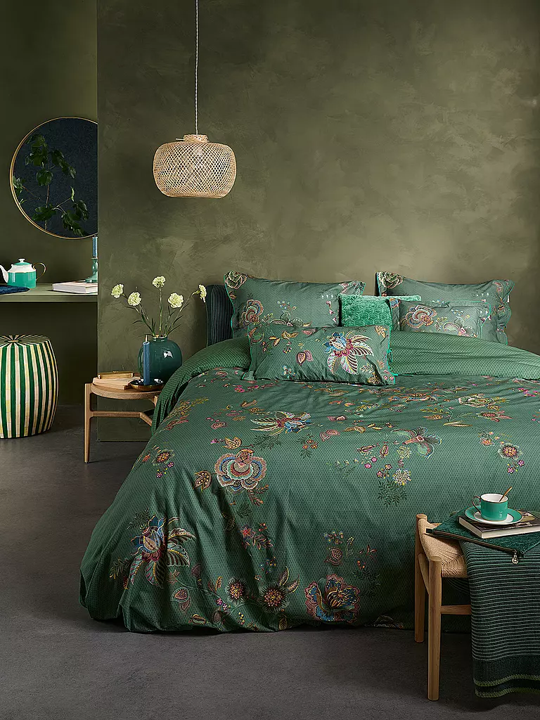 PIP STUDIO | Perkal Bettwäsche CECE FIORE 2x 70x90cm/200x200cm Green | dunkelgrün
