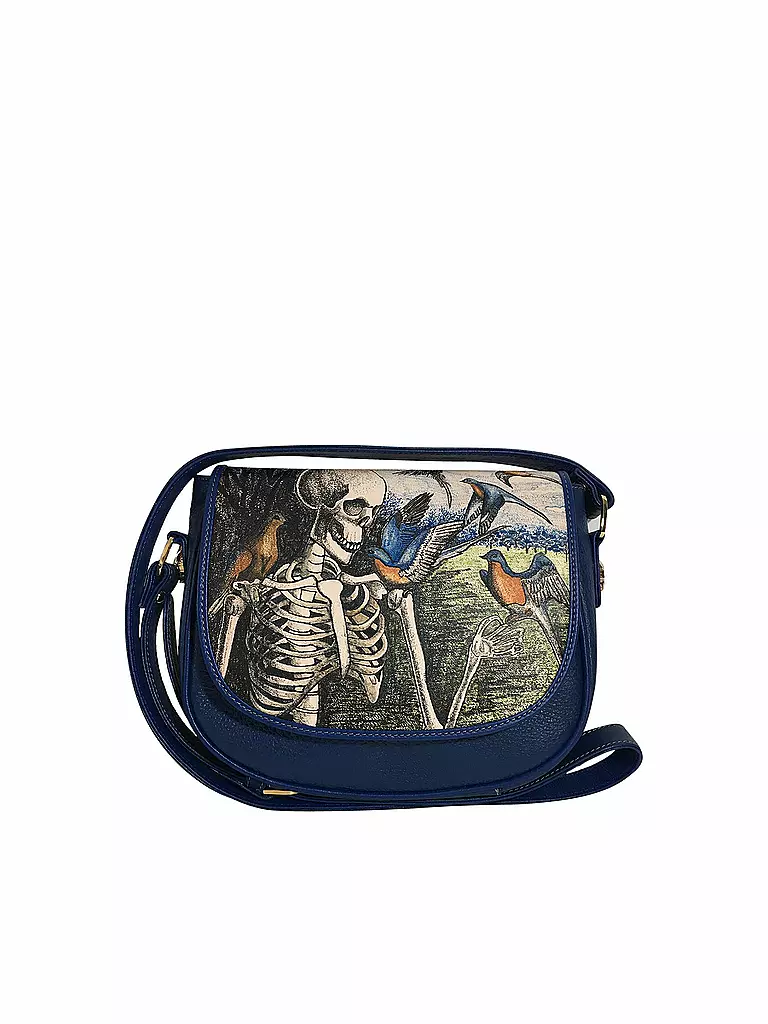 PRISON ART | Ledertasche - Umhängetasche "Half Moon Tattooed - Skelett Vögel) | blau