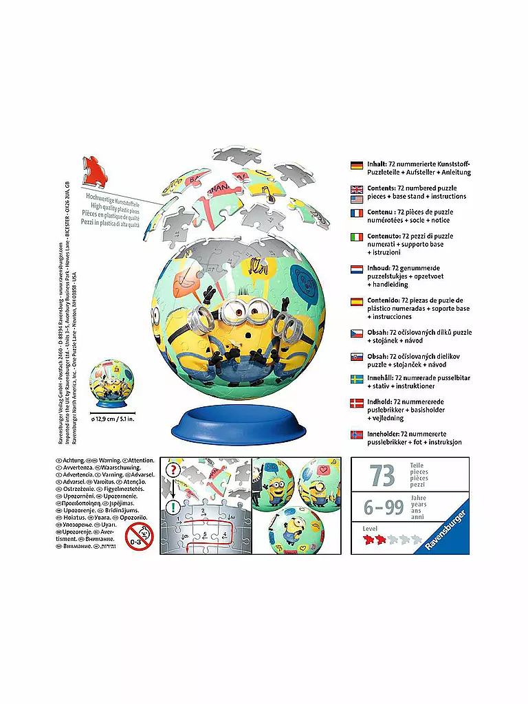 RAVENSBURGER | 3D Puzzle 11179 - Puzzle-Ball Minions - 72 Teile | keine Farbe