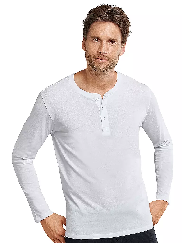 SCHIESSER | Pyjama Langarmshirt Weiss | blau