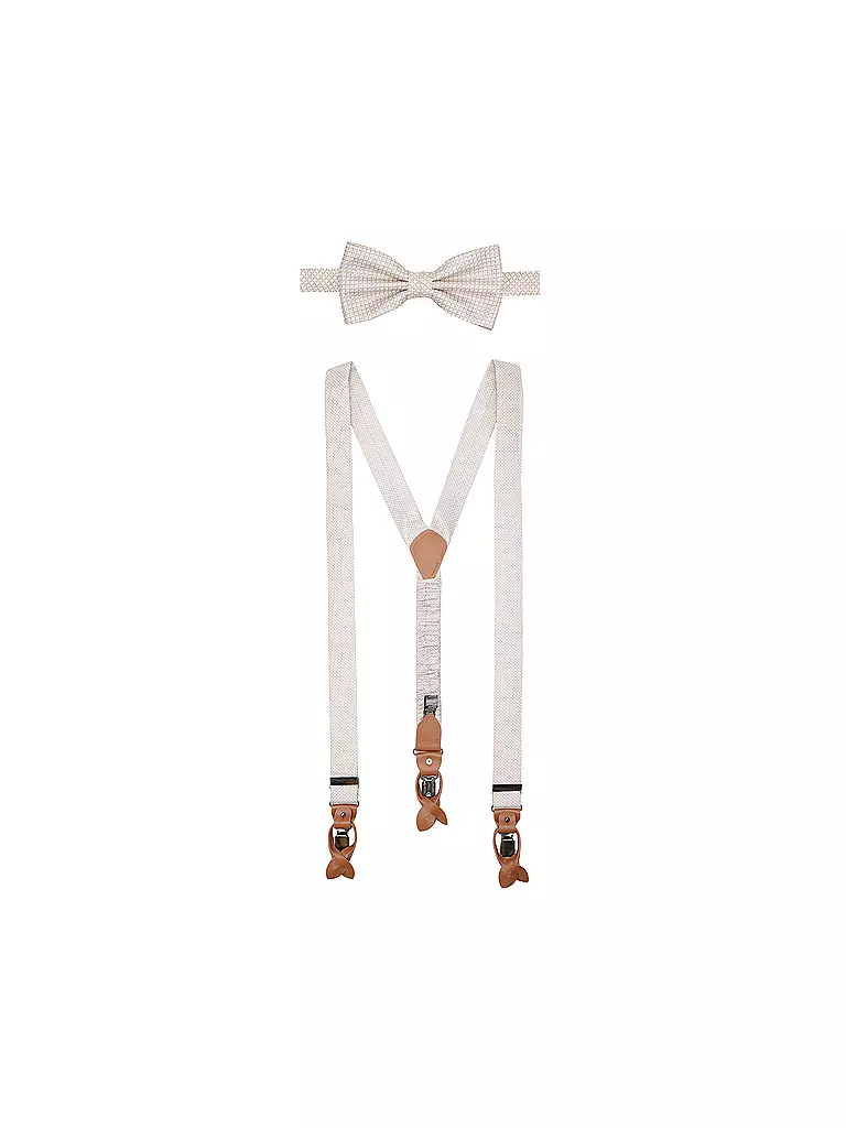 SEIDENFALTER | Hosenträger Set mit Fliege und Knopf-Clips | beige