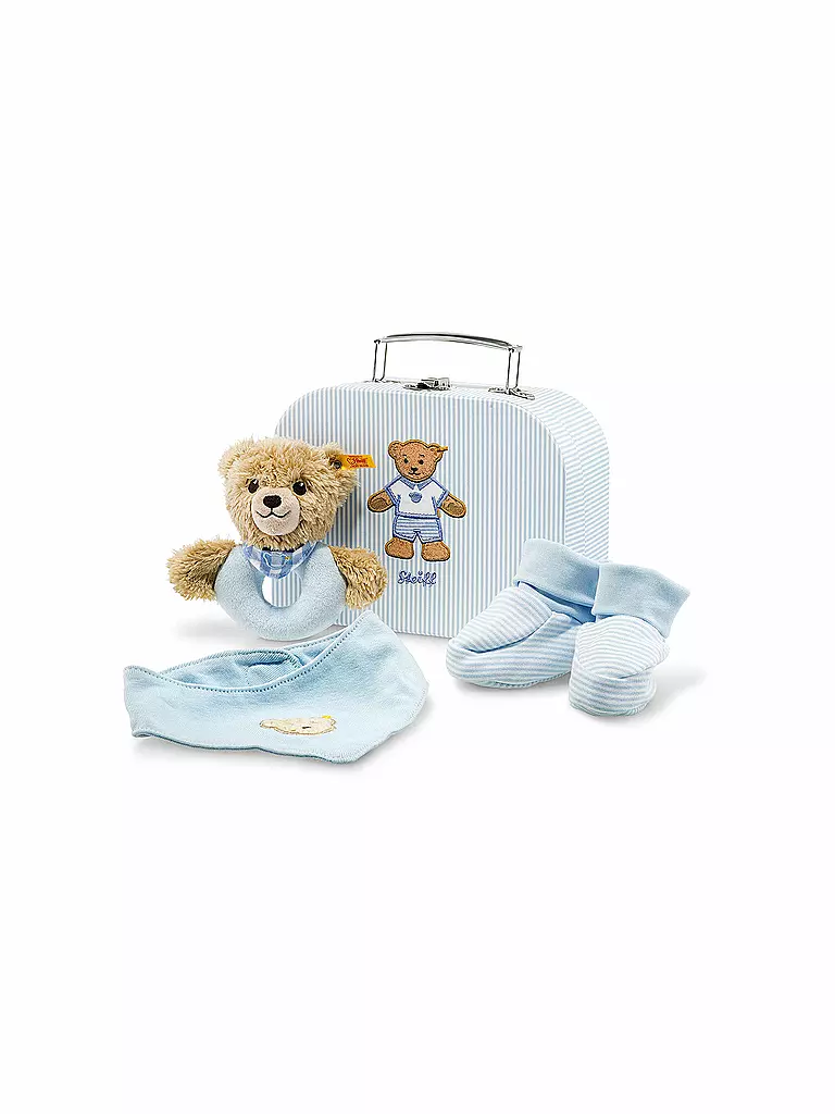 STEIFF | Teddybär - Geschenkset Schlaf-gut-Bär Greifring mit Rassel 20cm blau | transparent