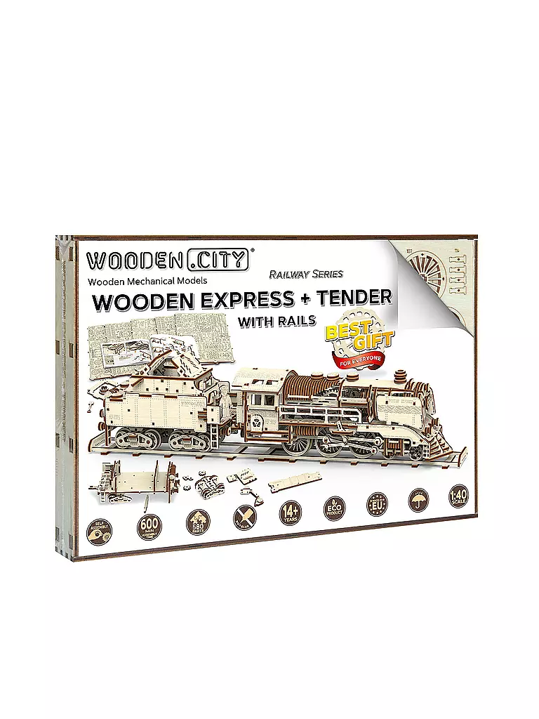 WOODEN CITY | Holz 3D Bausatz - Express Train + Tender + Rails | keine Farbe