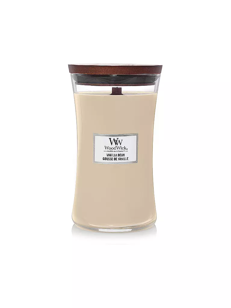 WOODWICK | Duftkerze mit Knisterdocht SANDUHR Large 610g Vanilla Bean | Creme